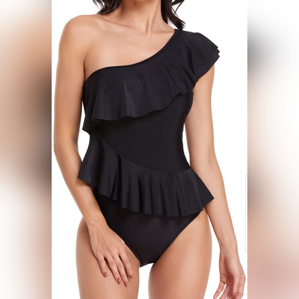 Women's Bathing suit one shoulder asymmetrical with ruffles Black size XL